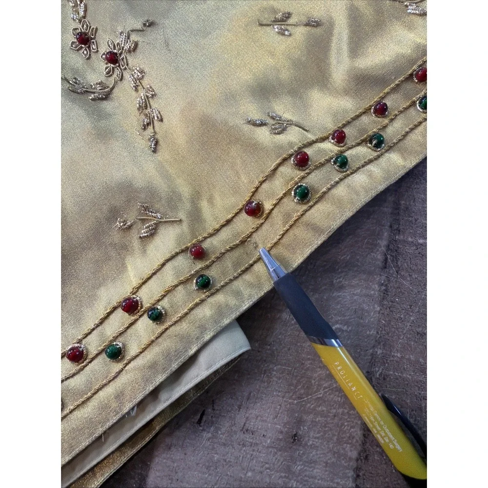 Vintage Gold Table Runner Hand Embroidered Red Green Beads Christmas Party 69